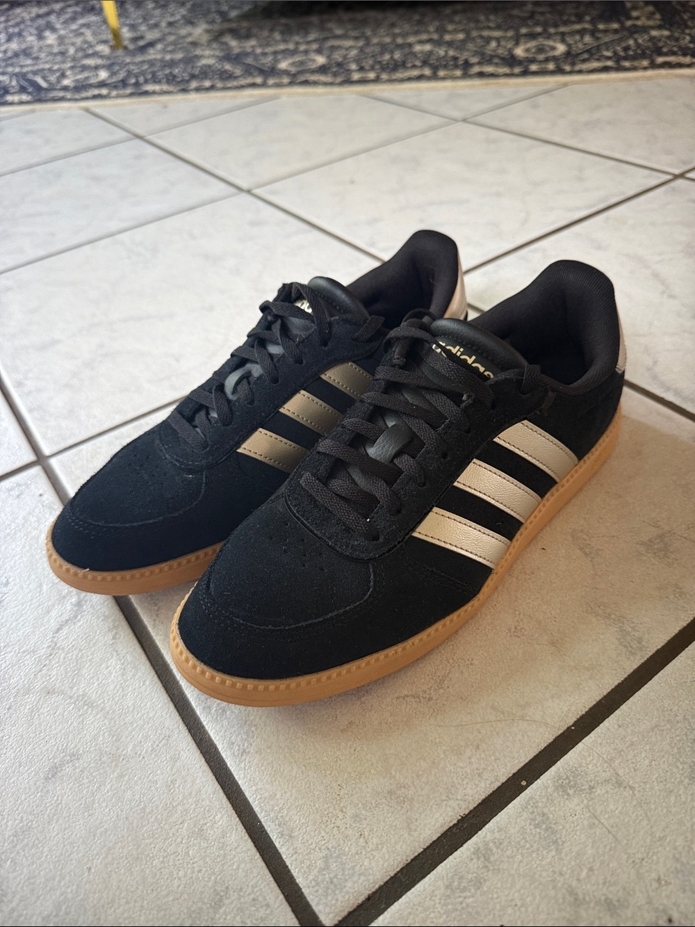 adidas Black Suede Sneakers with Gold Stripes and Gum Sole - Picture 3 of 4